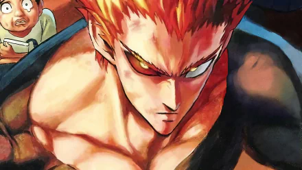 HD wallpaper of Garou from One-Punch Man Season 2. Garou, with intense yellow eyes and tears, is depicted in vibrant anime style, showcasing his fierce expression and muscular build.