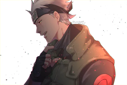 HD anime wallpaper featuring Kakashi Hatake from Naruto with his grey hair and Sharingan eye activated, set against a light, speckled background.