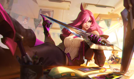 A vibrant 4K Ultra HD wallpaper featuring a woman warrior with pink hair, inspired by Katarina from League of Legends, wielding a sword in a dynamic pose amidst a colorful background.