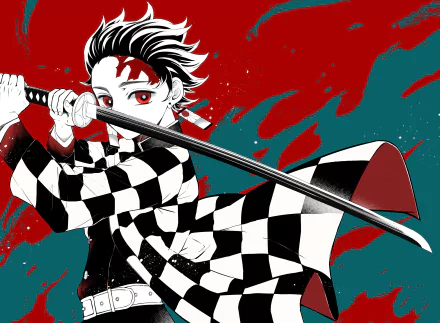 HD wallpaper featuring Tanjiro Kamado from the anime Demon Slayer: Kimetsu no Yaiba, depicted in a dynamic pose with his sword against a vibrant red and teal background.