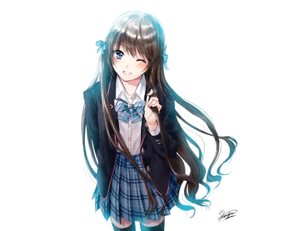 Anime-style HD desktop wallpaper of a girl with long brown hair, blue eyes, and a school uniform from Meguru Gakuen to Senpai to Boku.
