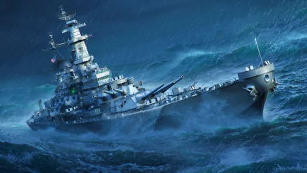 HD desktop wallpaper featuring a powerful battleship from the video game World of Warships, navigating through stormy seas.
