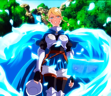 Charlotte Roselei from Black Clover stands confidently with glowing blue magical energy swirling around her in this vibrant HD anime desktop wallpaper.