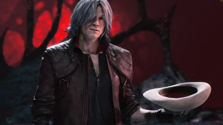 HD PC wallpaper of Dante from Devil May Cry 5, featuring his grey hair and dark leather jacket in a dramatic red and black background.