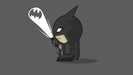Comic-style chibi Batman (DC Comics) holds a torch projecting the Bat-Signal on a gray background — 4K Ultra HD PC desktop wallpaper/background.