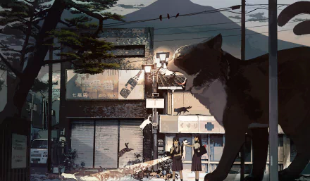 HD anime wallpaper featuring a giant cat overlooking a serene street scene with anime characters, one with black, long twintails and a bag.