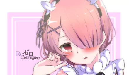 HD desktop wallpaper: close-up of Ram (Re:Zero), pink hair covering one eye, visible red eye, maid headpiece and frilly collar on a soft pink background.