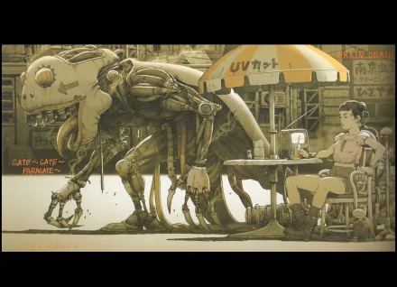 HD desktop wallpaper with a sci-fi theme, featuring a robot resembling a large mechanical creature standing next to a person sitting at an outdoor café table under a UV-shaded umbrella.