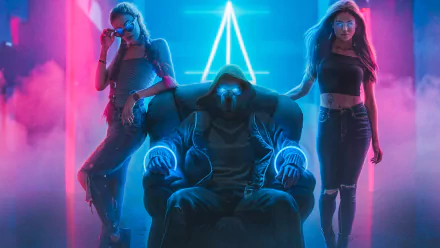 HD desktop wallpaper featuring a cyberpunk scene with three individuals. One figure, wearing a mask with glowing blue eyes, sits on a chair while the other two stand beside them. Neon lights create a sci-fi ambiance.