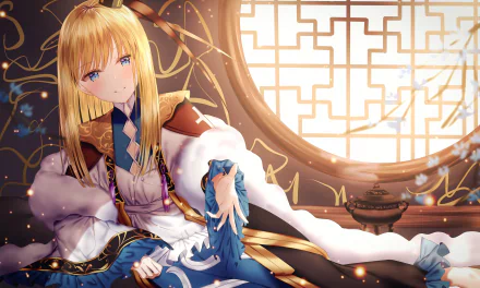 HD desktop wallpaper featuring Reines El-Melloi Archisorte from Fate/Grand Order, with blonde hair and blue eyes, dressed in intricate clothing, sitting against a stylish background with a large circular window.