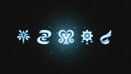 Glowing white symbols from Monster Hunter: World arranged in a row on a dark background, featured in a 4K Ultra HD PC desktop wallpaper.