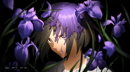 Anime-style portrait of a character with short brown and purple hair, heterochromia violet and yellow eyes, surrounded by vibrant purple flowers in HD quality.