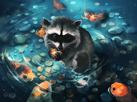 A fantasy HD desktop wallpaper featuring a raccoon surrounded by swimming fish and scattered coins in a mesmerizing blue-toned water scene.
