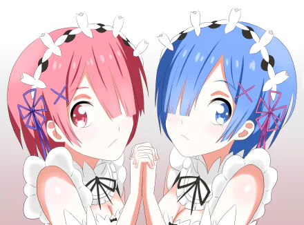 Ram (pink hair, pink eyes) and Rem (blue hair, blue eyes) from Re:Zero in matching maid outfits, holding hands and facing the viewer — 5K Ultra HD PC desktop wallpaper/background.