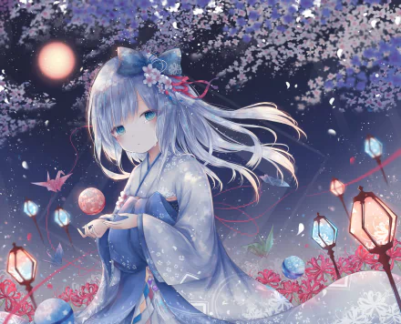 Anime girl with grey hair and blue eyes in a kimono, adorned with a bow, among origami cranes and lanterns under a moonlit cherry blossom sky. HD desktop wallpaper and background.