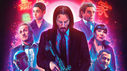 HD PC desktop wallpaper featuring characters from the movie John Wick: Chapter 3 – Parabellum with neon red and blue lighting effects.