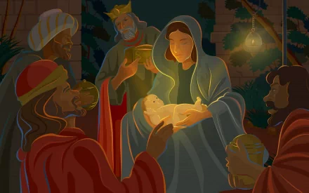 A HD desktop wallpaper depicting a Christian religious scene with Jesus Christ as an infant surrounded by onlookers in traditional attire, illustrating the Nativity.
