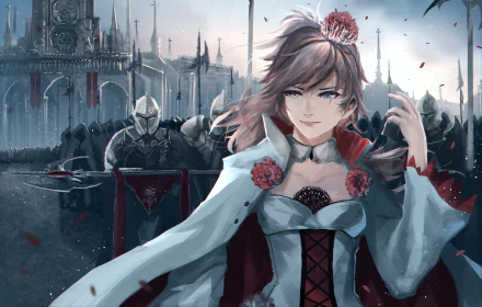 Weiss Schnee (RWBY) anime HD PC wallpaper: poised in a white gown before a frostbitten gothic castle and armored guards, snow and rose petals swirling around her.