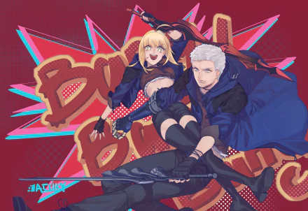 HD PC wallpaper featuring a dynamic anime crossover of Nero from Devil May Cry 5 and Nero Claudius from Fate/Grand Order in vibrant, action-packed style.