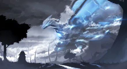 HD PC desktop wallpaper from the video game Honkai Impact 3rd featuring a glowing dragon and the character Benares in a stormy, dark landscape.