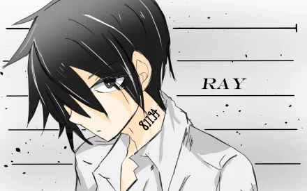 HD PC desktop wallpaper of Ray (The Promised Neverland): anime close-up of a somber black‑haired boy with a neck number tattoo, white shirt, set against a striped grayscale background.
