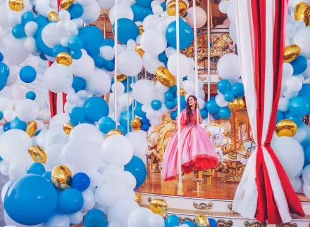 pink dress brunette dress carousel balloon woman model HD Desktop Wallpaper | Background Image