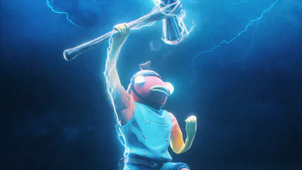 4K Ultra HD Fortnite wallpaper showing a character wielding a glowing axe amid blue lightning on a dark background, designed for PC desktop.