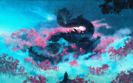 HD desktop wallpaper from Sekiro: Shadows Die Twice featuring a mystical dragon swirling among vibrant, celestial pink clouds with a lone warrior below, evoking an epic atmosphere.