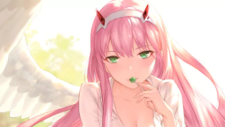 HD wallpaper of Zero Two from Darling in the FranXX. She has pink hair, green eyes, and small horns, with white wings in the background.