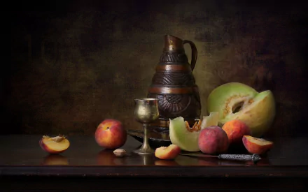 honeydew melon melon peach fruit pitcher knife photography still life HD Desktop Wallpaper | Background Image