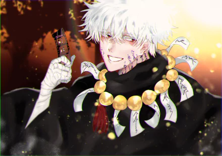 HD PC wallpaper/background: Gintoki Sakata from Gintama anime—white-haired, scarred and grinning, wearing black cloak with prayer tags and large prayer beads, holding a sword against fiery backdrop.