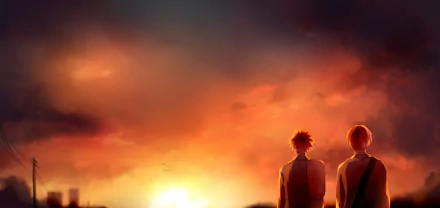 HD anime wallpaper featuring Shoto Todoroki and Katsuki Bakugou from My Hero Academia standing side by side, gazing at a vibrant sunset skyline.