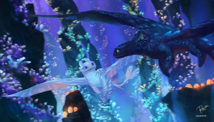 Toothless and the Light Fury from How to Train Your Dragon: The Hidden World flying together in a vibrant underwater-like environment, captured as a HD PC desktop wallpaper.