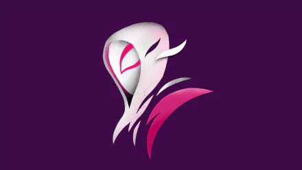 Minimalist comic-style Gwen Stacy emblem in white, pink and magenta on a deep purple field — a comics minimalist HD PC desktop wallpaper/background.