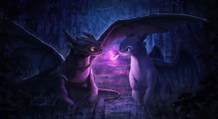 Toothless and a white dragon from How to Train Your Dragon: The Hidden World share a glowing purple light in a dark, mysterious cave in this 4K Ultra HD movie wallpaper.