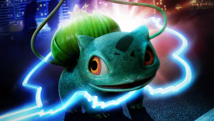 HD desktop wallpaper featuring Bulbasaur from Pokémon Detective Pikachu, with a vibrant city background and electric blue streaks surrounding the character.