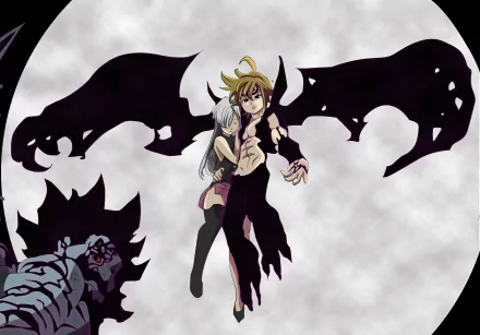 HD PC desktop wallpaper featuring Elizabeth Liones and Meliodas from the anime The Seven Deadly Sins, with dark wings and a cloudy background.