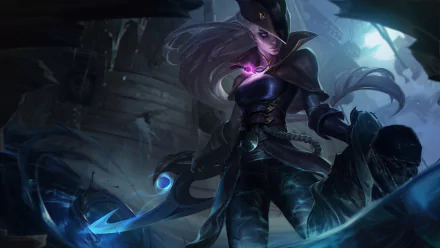 HD desktop wallpaper featuring Diana from League of Legends, showcasing her dark armor and crescent blade in a mysterious, shadowy environment.