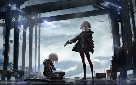 Anime-style HD desktop wallpaper featuring two characters with grey hair, one standing and pointing a pistol while the other kneels on the ground in a futuristic industrial setting.