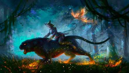 A fantasy HD PC wallpaper showcasing a woman with animal ears riding a black panther through a glowing forest, accompanied by a fiery phoenix in the mystical night.