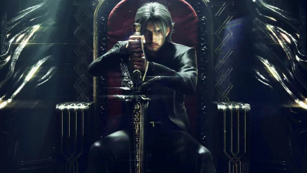 Noctis Lucis Caelum from Final Fantasy XV Windows Edition sits on a throne, gripping a sword, depicted in this HD PC desktop wallpaper from the Final Fantasy video game series.