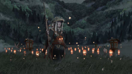 HD wallpaper of a fantasy woman warrior wearing a hat and holding a lantern, set against a rain-drenched oriental landscape with illuminated lanterns and mountains in the background.