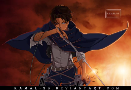 HD desktop wallpaper featuring Levi Ackerman from the anime Attack on Titan, depicted ready for battle with his maneuver gear against a fiery, dramatic background.