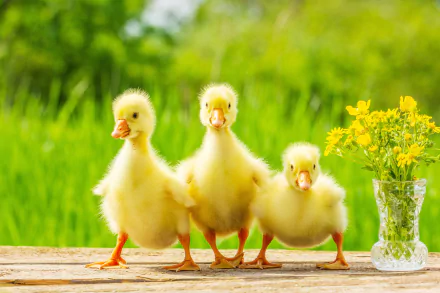 Three fluffy baby geese standing on a wooden surface beside a vase of yellow flowers, captured in vibrant 4K Ultra HD as a desktop wallpaper background.