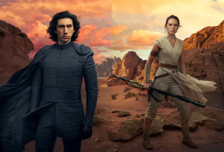 4K Ultra HD desktop wallpaper featuring Adam Driver as Kylo Ren and Daisy Ridley as Rey from the movie Star Wars: The Rise of Skywalker, set against a dramatic desert landscape.