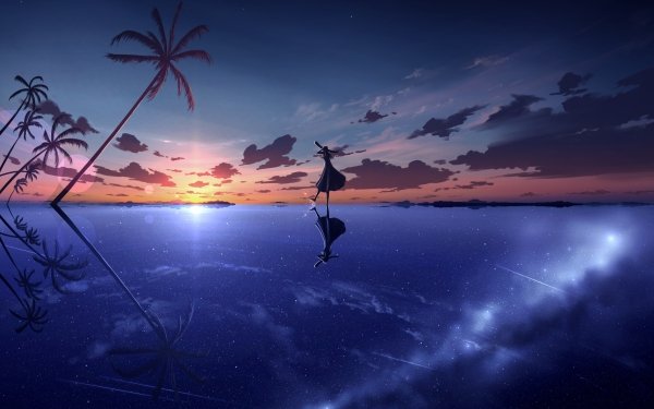 Anime Original Sky Sunset Sea Tree HD Wallpaper | Background Image