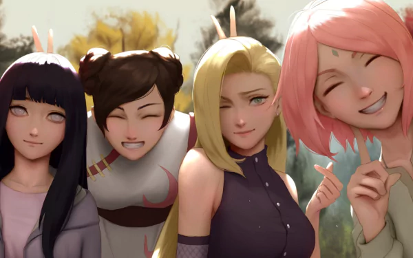 A vibrant HD wallpaper featuring four female characters from Naruto: Hinata Hyuga with brown hair, Sakura Haruno with pink hair, Tenten with a unique look, and Ino Yamanaka with blonde hair.