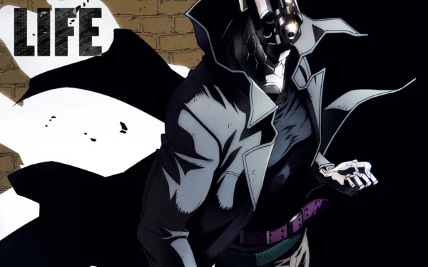 HD PC wallpaper of a gun-headed cyborg from the anime No Guns Life, wearing a trench coat and flowing cape, posed dramatically against a weathered brick wall.