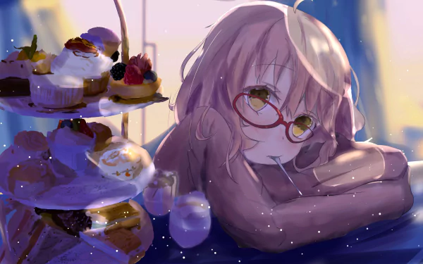 4K Ultra HD anime wallpaper featuring Mirai Kuriyama from Beyond the Boundary, resting at a table with desserts and a glass of milk in warm, soft lighting.