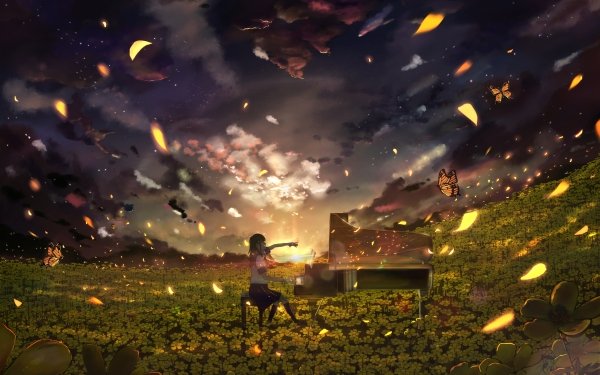 Anime Music Piano Sunset School Uniform Butterfly Flower Schoolgirl Evening HD Wallpaper | Background Image